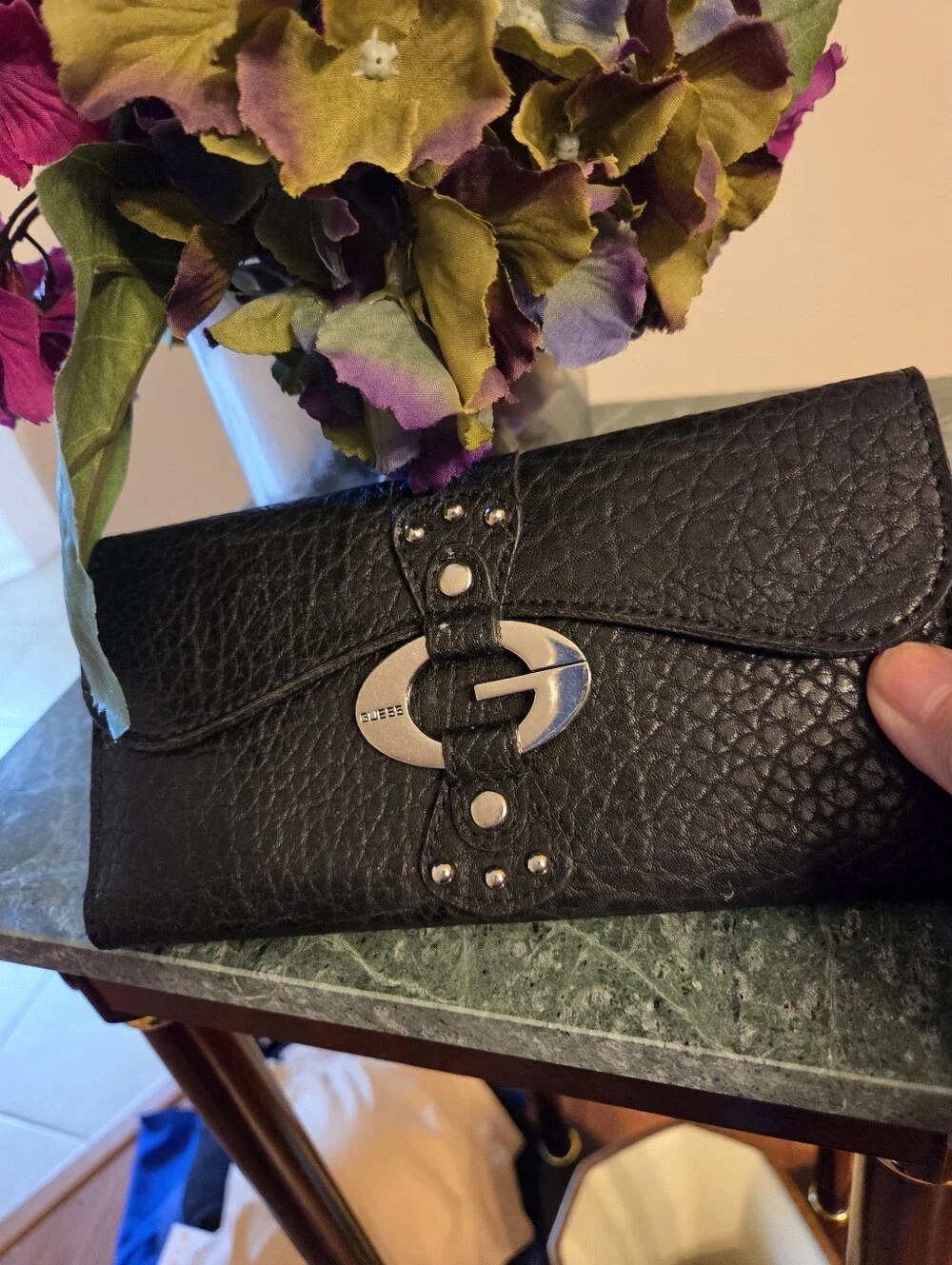 Guess Black Leather Women's Clutch Wallet with Silver Hardware Good